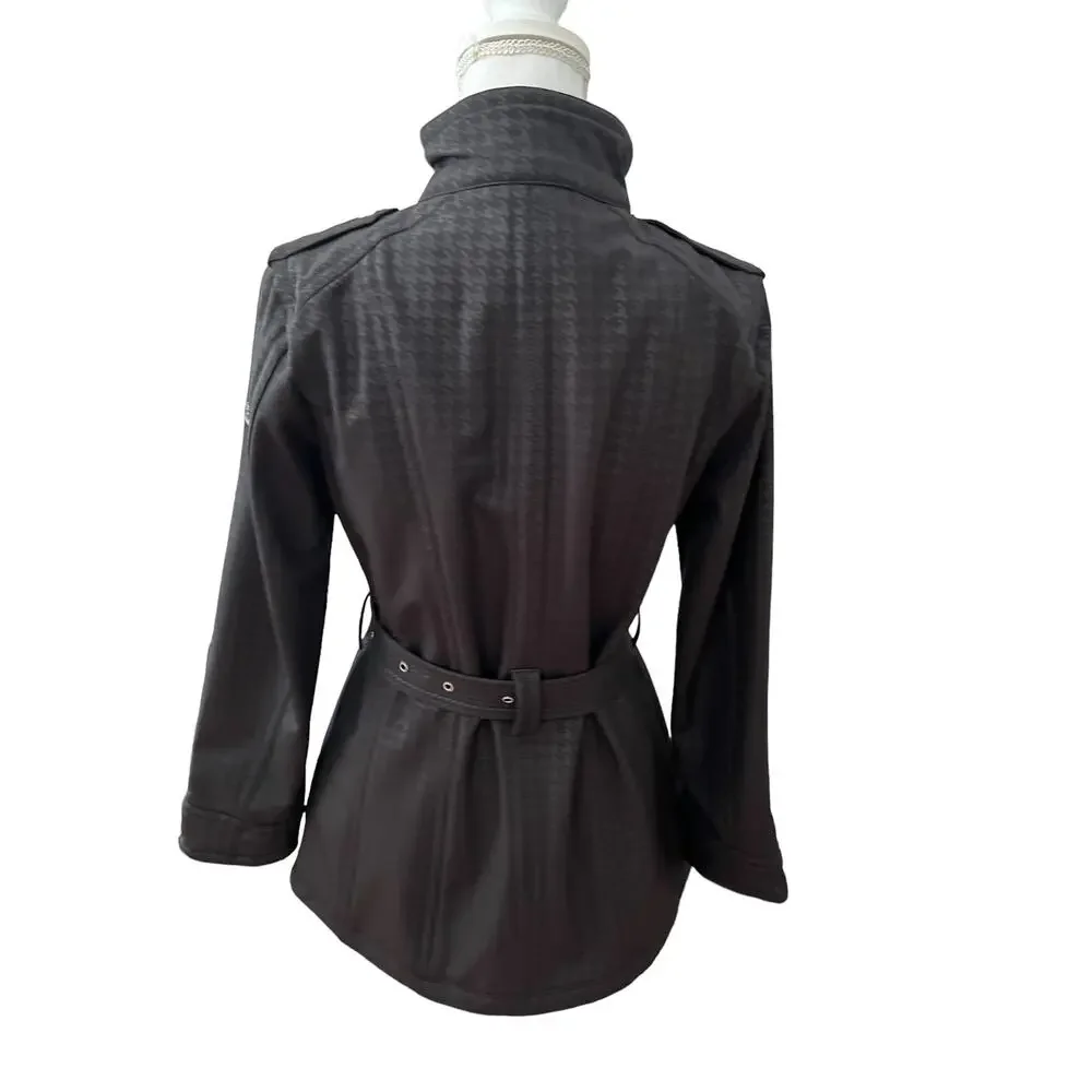 Michael Kors Weatherproof Belted Jacket Black Houndstooth Print S